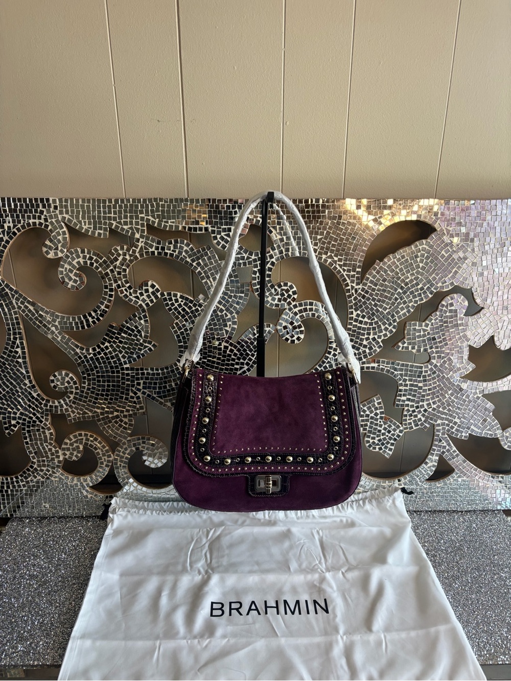 💕Brahmin Kristin Heroic Purple Suede Studded Shoulder Bag with Turn-Lock NWT